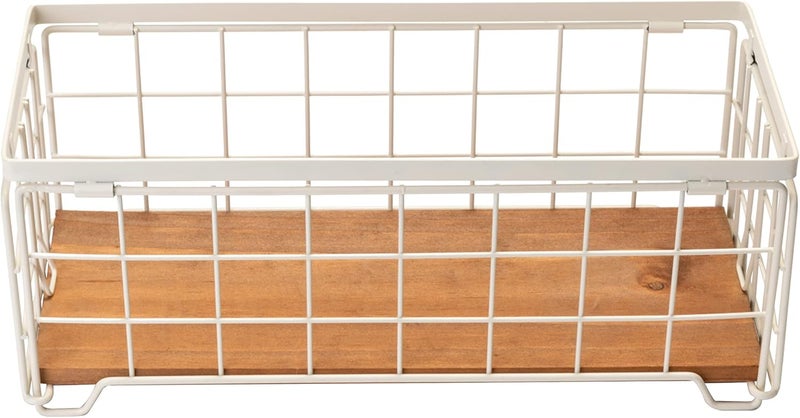 TIEYIPIN Metal Wire Storage Basket, Toilet Paper Roll Holder Wood Base Countertop Decor Box Toilet Tank Shelf Cabinet Organizer for Bathroom Pantry Garage Bedroom Livingroom - Cream White - Image 4